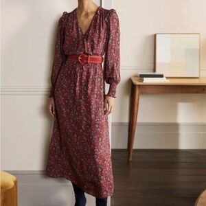 Boden Dress Exotic Floral Becky Midi Wrap Ruffle Boho Peasant Pockets Lined Red